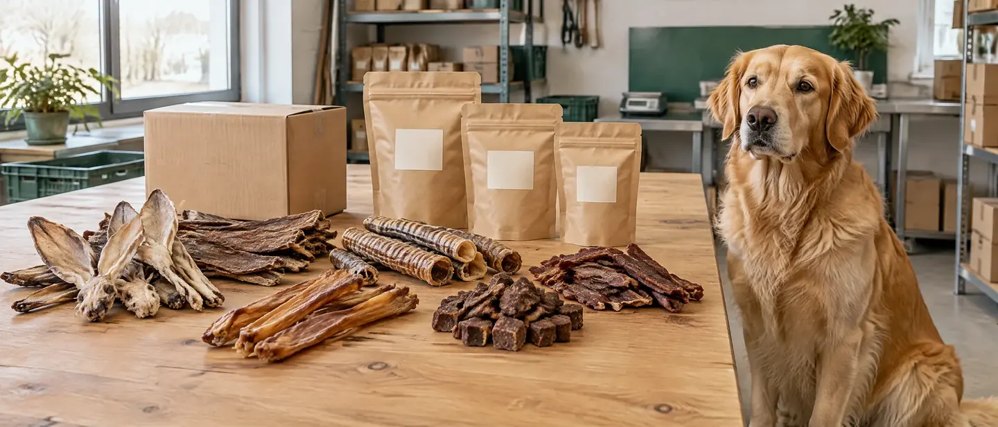 Hund neben Naturkau-Snacks, Fleisch-Snacks und Private-Label-Verpackungen
