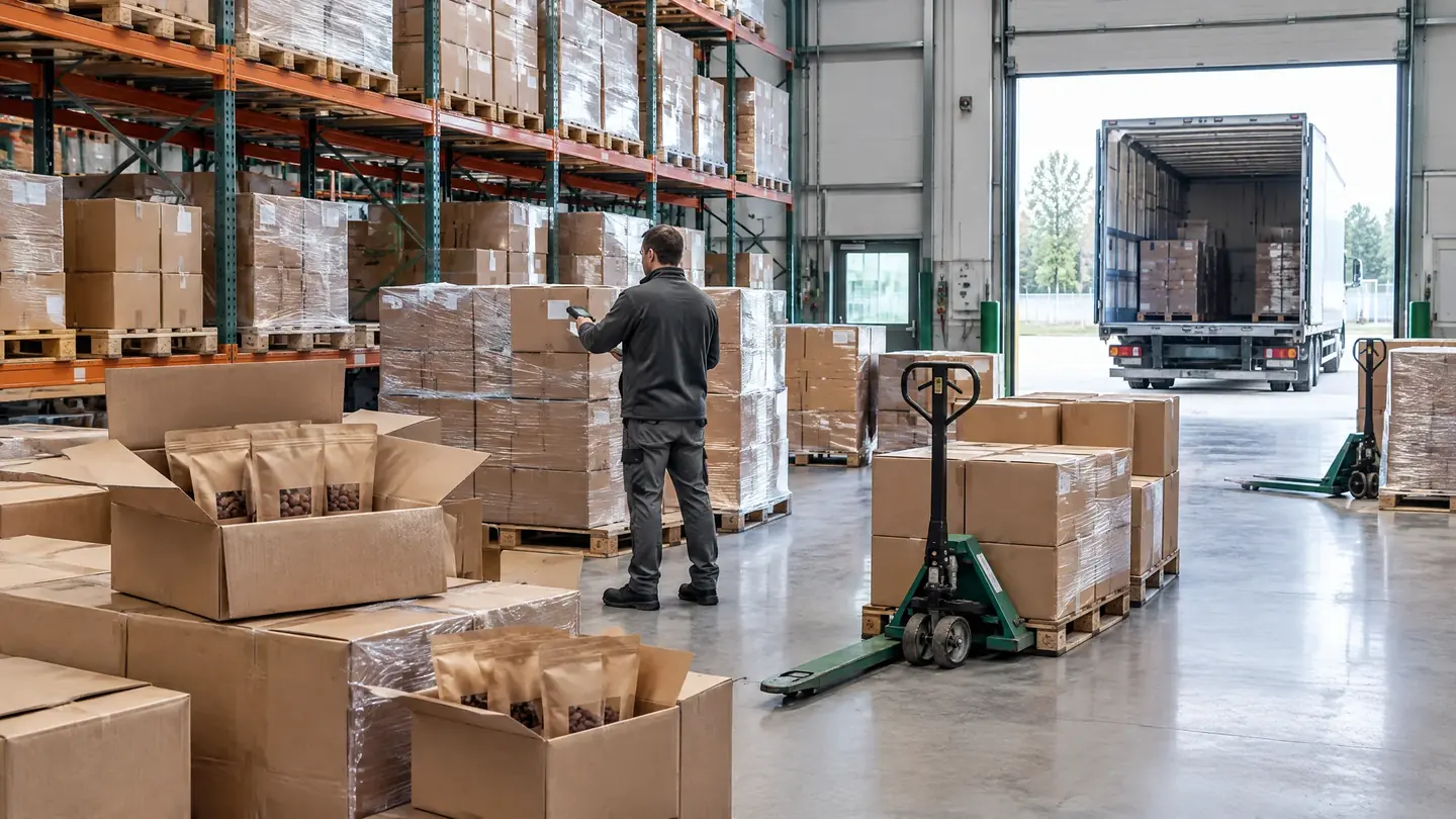 Paletten, Kartons und Lkw-Verladung für Hundesnack-Großhandel