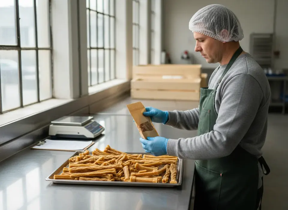 Mitarbeiter prüft einen Beutel und getrocknete Naturkau-Snacks bei der Qualitätskontrolle