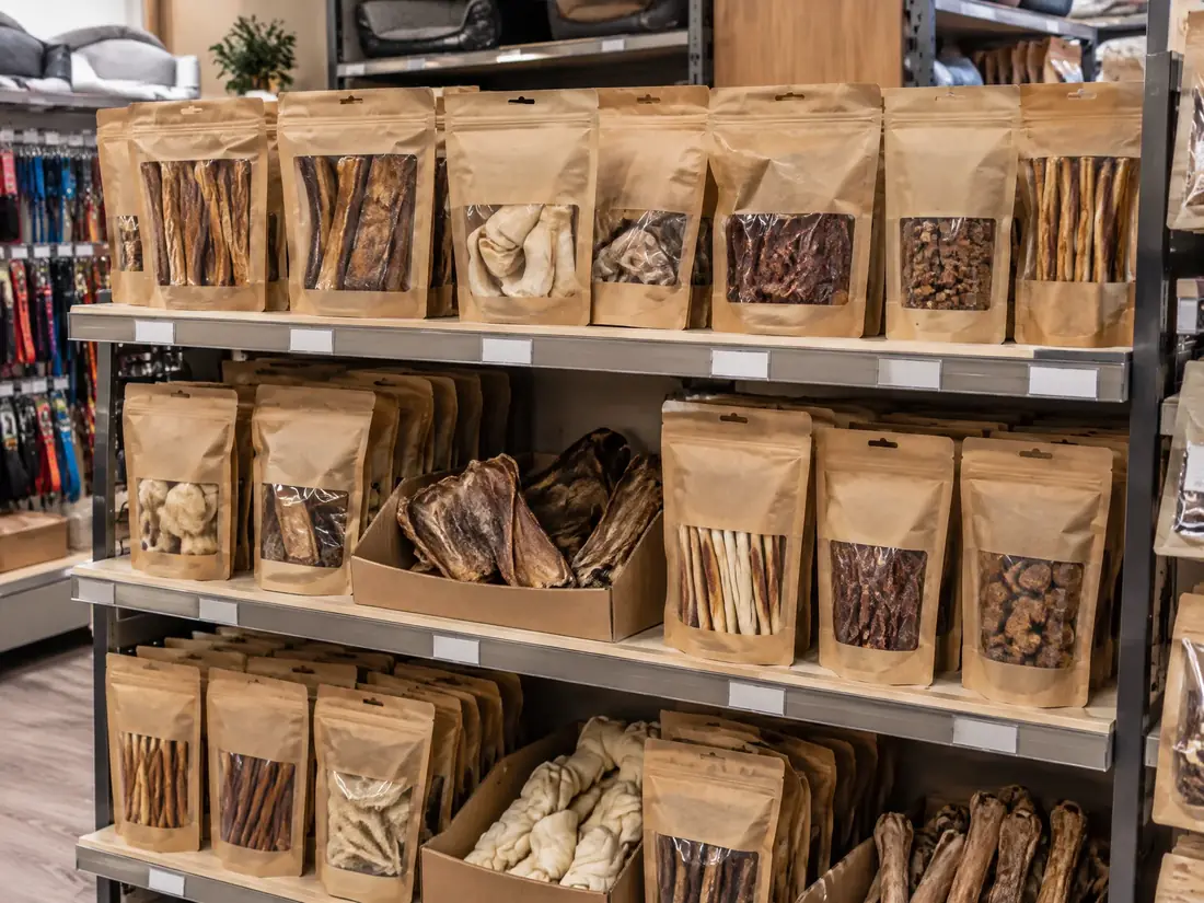 Private Label Naturkau-Snacks und Fleisch-Snacks im Tierfachhandelsregal